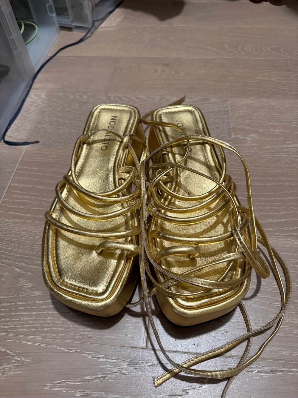 Metallic Gold Lace-Up Square Toe Sandals for Women